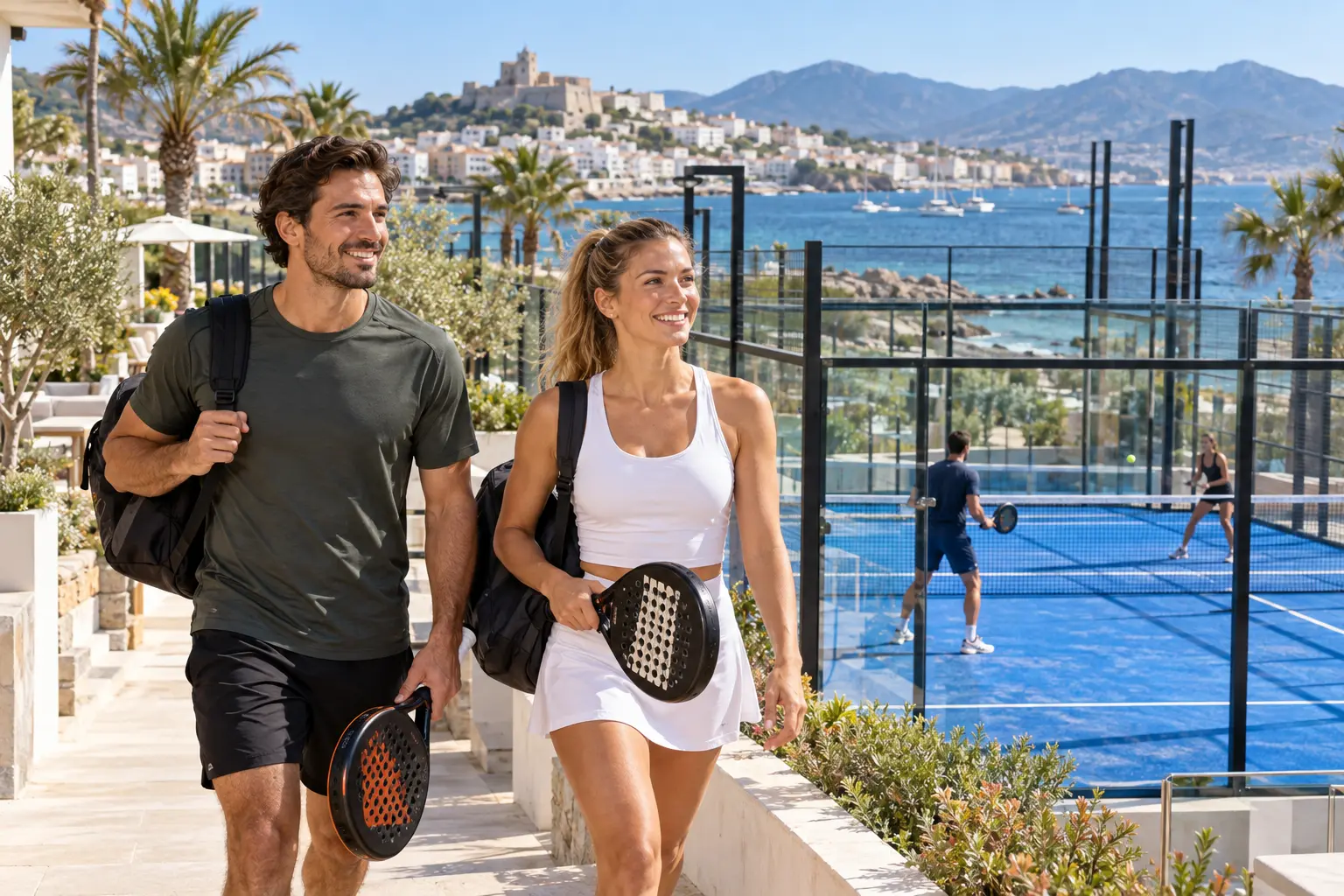 Scène illustrative de voyageurs arrivant dans un club de padel côtier