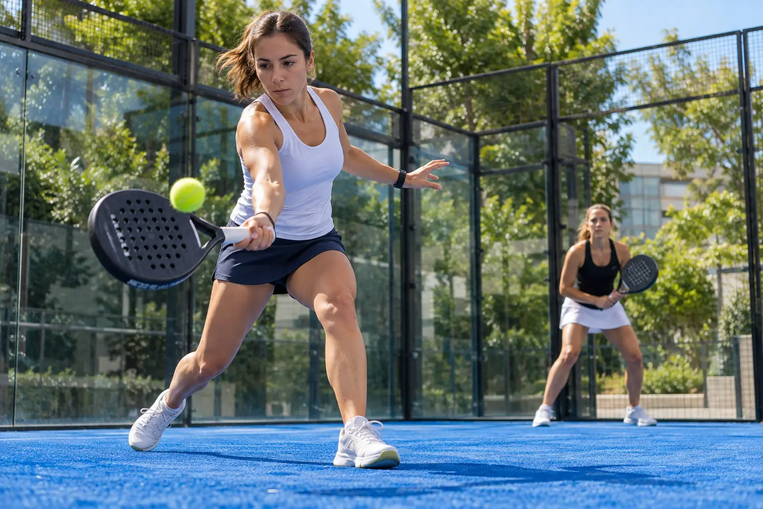 Scène illustrative d'une femme jouant un rallye de padel